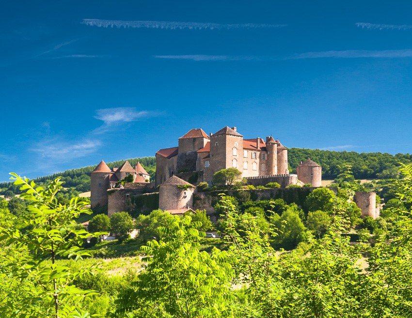 Photo of the medieval castle of Berze-le-Chatel in Burgundy, France with colorful green trees and a dark blue sky