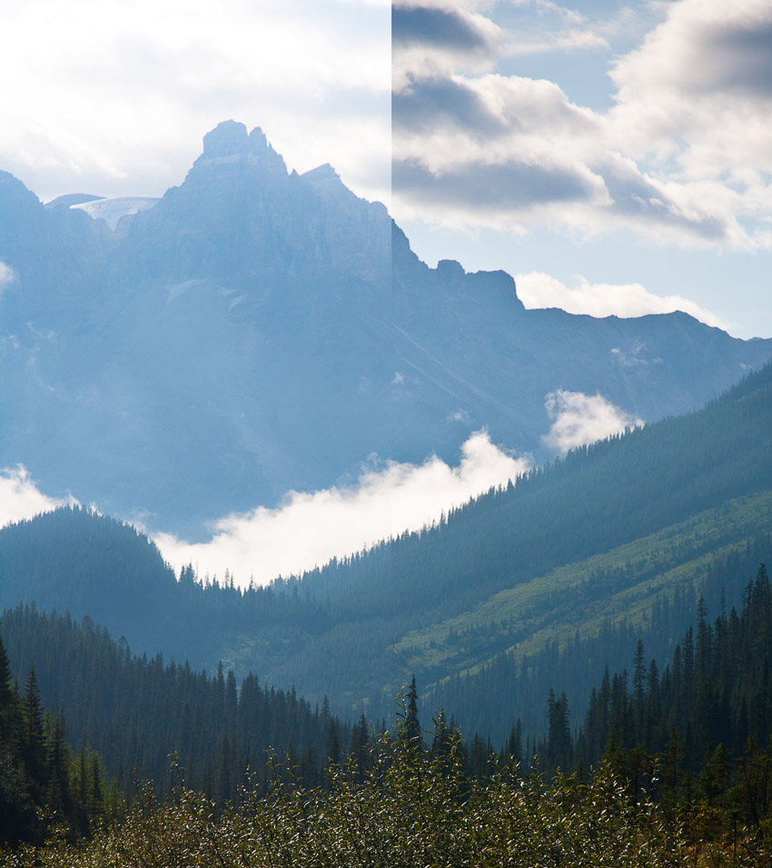 Photo showing a mountain landscape taken with and without a graduated ND-Filter